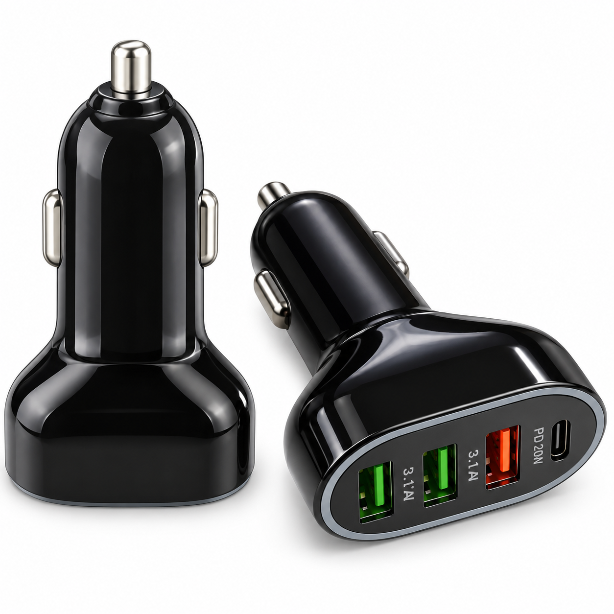4-Port Car Charger Adapter – 3 USB-A Ports & USB-C PD 20W Fast Charging for Smartphones