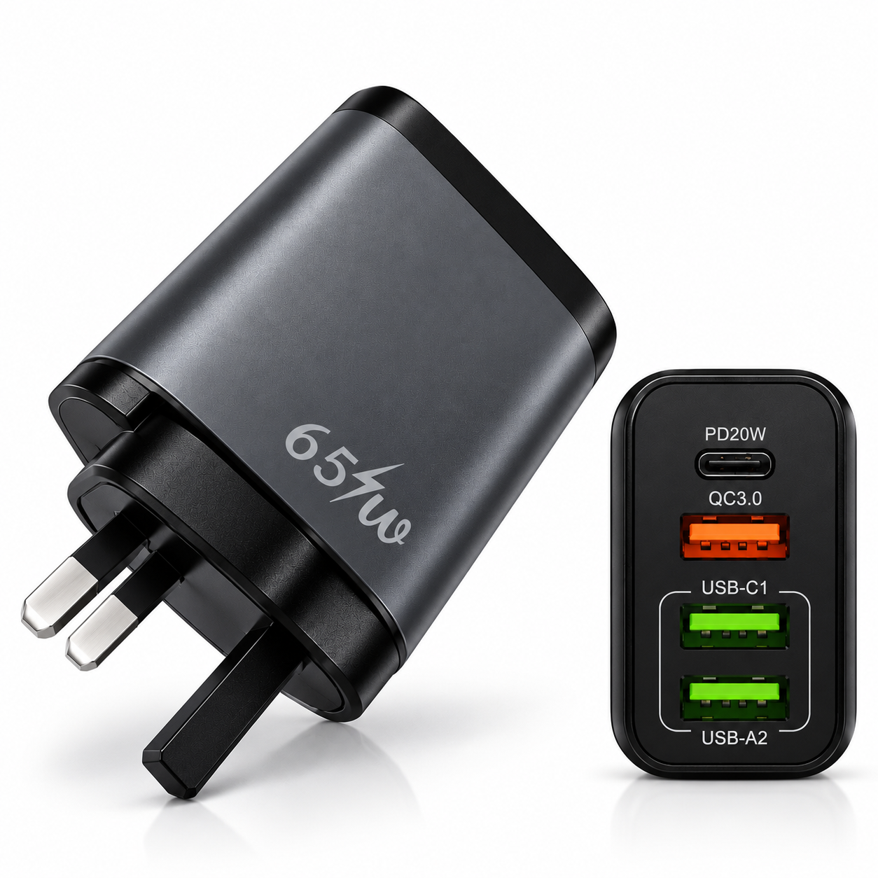 65W Fast Charging Wall Adapter with 4 USB Ports | USB-C PD20W & QC3.0 Quick Charger